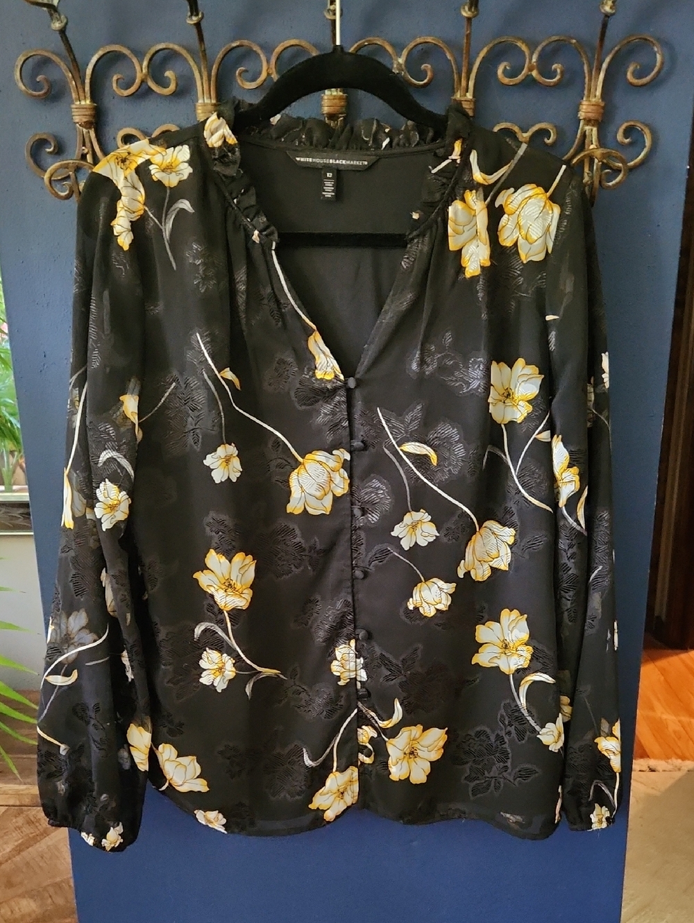 White House Black Market Black Satin Blouse with Yellow Accents